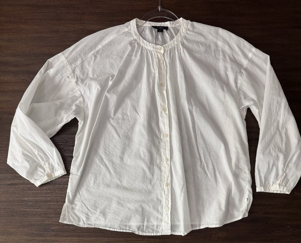 J. Crew Shirred Blouse White Lightweight Relaxed Cotton Button Doen M